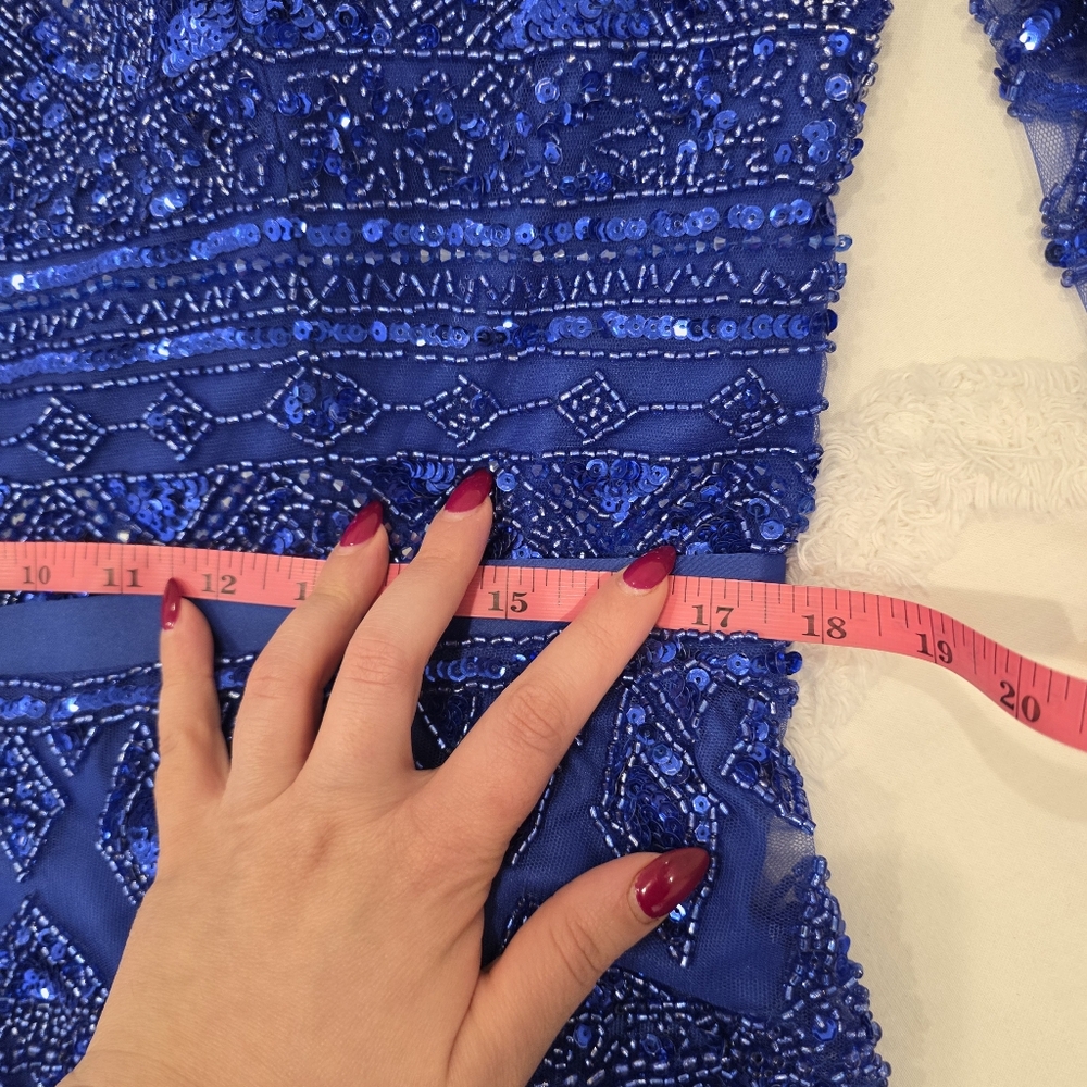 Serene Hill Beaded Elegant Blue Cape Sleeve Evening Gown - Size US 12 Large - Picture 12 of 17